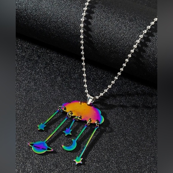 “Cloud Constellation” Rainbow Ombre Cumulus Crescent Star Planet Space Necklace - Picture 2 of 5